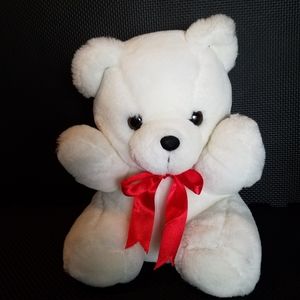 SOLD White Teddy Bear with Red Bow